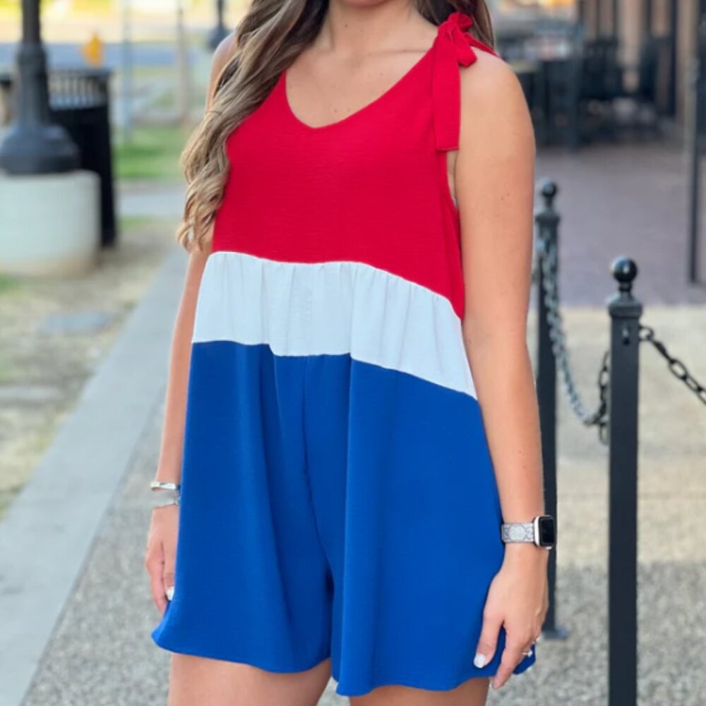 Haptics Patriotic Red White Blue Colorblock Romper Shoulder Ties Americana Small - Picture 11 of 11